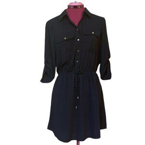 BEBOP - BLACK Roll Up Sleeve Pocket Safari Belted Collared Shirt Dress - LARGE